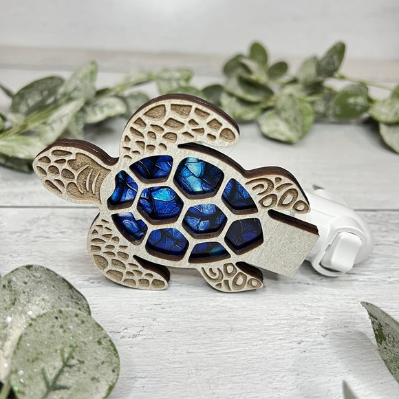 Turtle Night Light Wood Mosaic Blue Accent Home Decor Handmade Sea Turtle - Picture 4 of 9